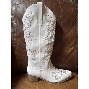 🆕Women White Polyurethane Mid Calf Pearl Chunky Heel Side Zipper Cowboy Boots